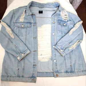Womens 2XL Denim Jacket Faded Distressed Grunge Festival Biker Boho